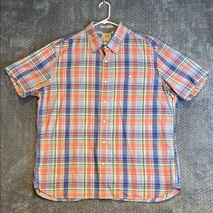 LL Bean Mens XL Shirt Button Up Slightly Fitted Orange Plaid Short Sleeve